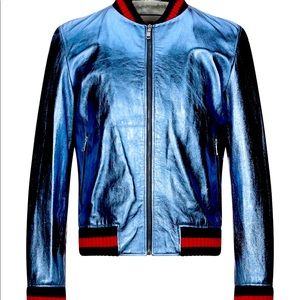 New Gucci Blue Leather Bomber Jacket